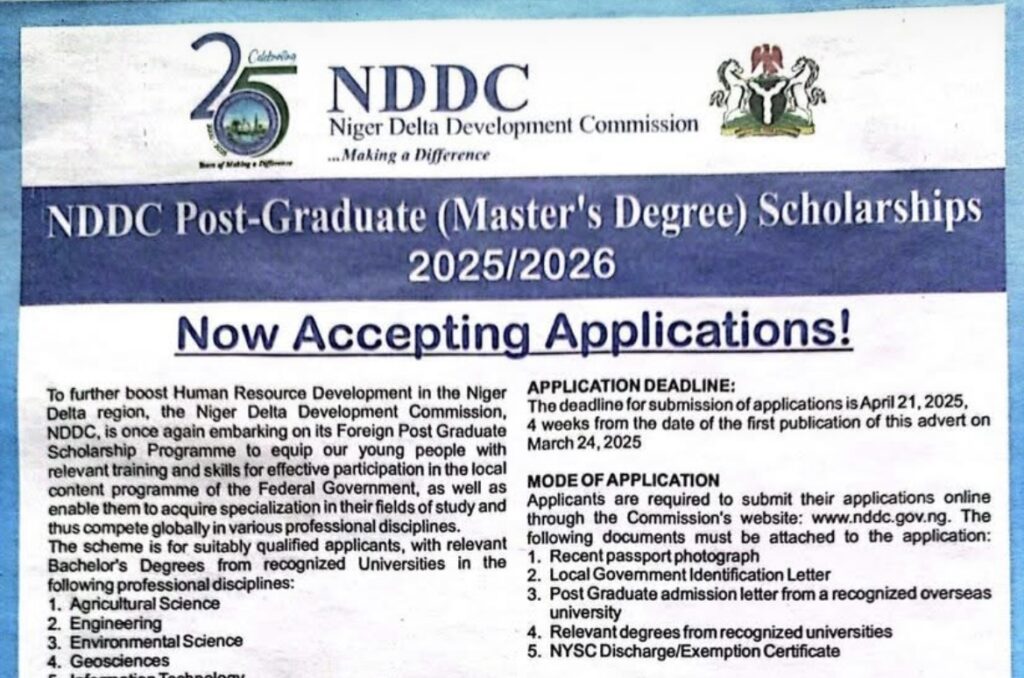 NDDC Accepting Applications for 2025/26 Foreign Postgraduate Scholarship — SEE Eligibility, Deadline, How To Apply